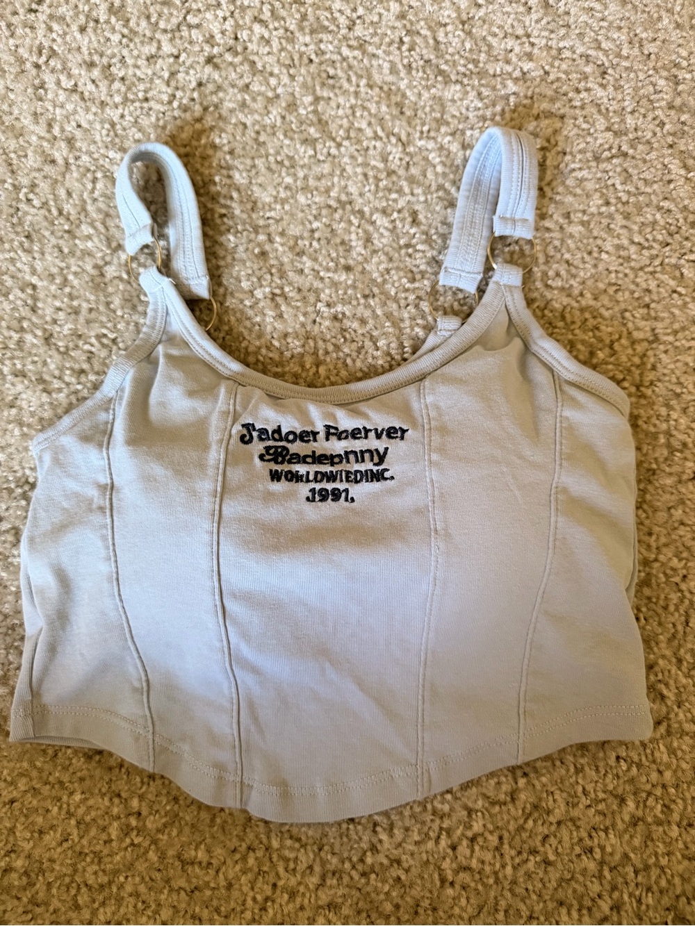 Light Blue Cropped Tank Top with Embroidered Front Text